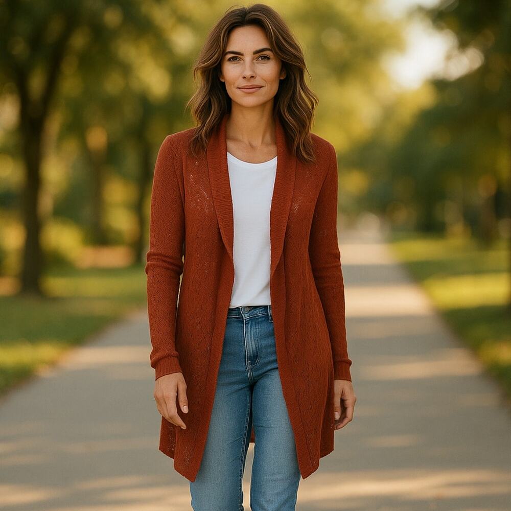 Eddie Bauer Rust Open Knit Crochet Linen Sweater